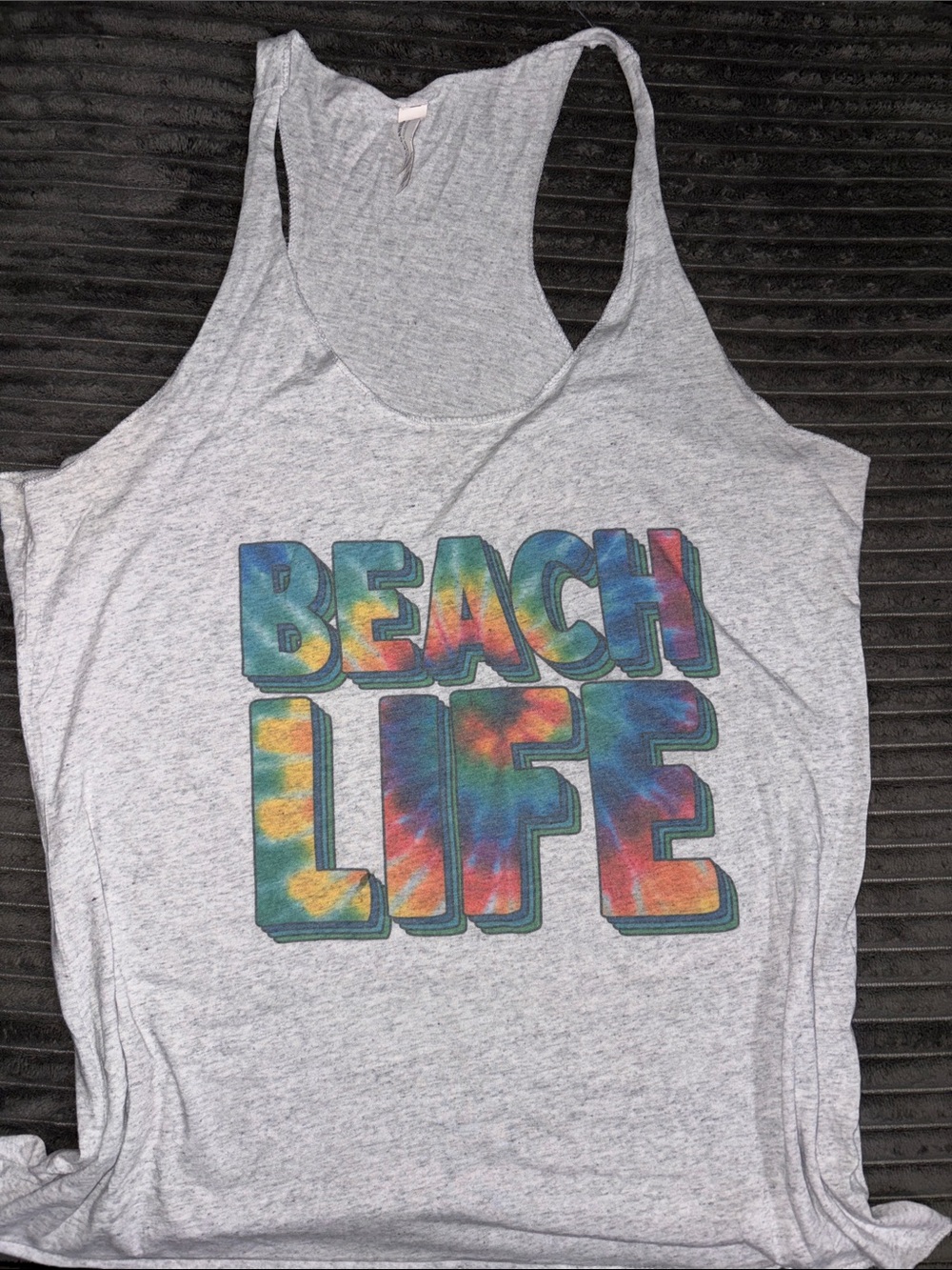 Bella Canvas Gray Tank Top with Multicolor "BEACH LIFE" Tie-Dye Print
